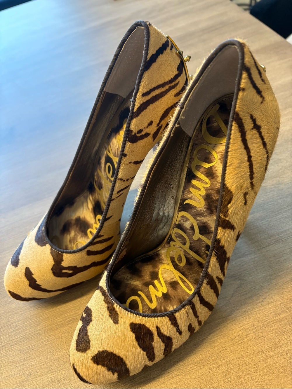 Sam Edelman Tiger-Print High Heeled Stiletto Pumps in Tan and Brown